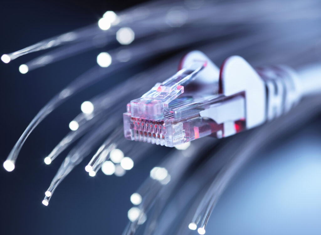 Internet network connector with fibre optics, close-up